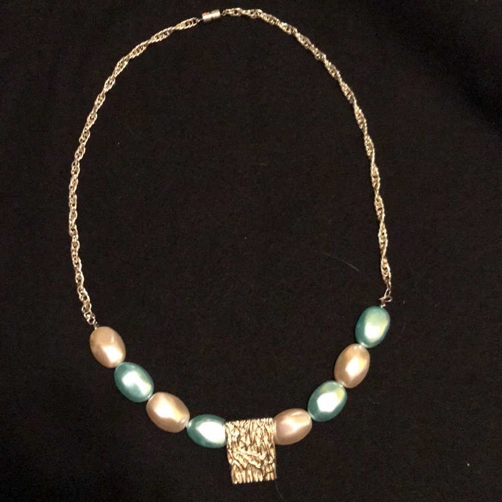 Necklace light blue and white beads